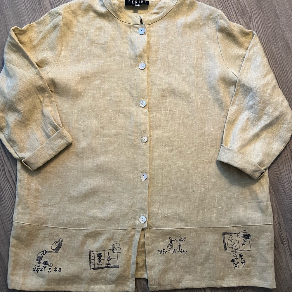 Linen Women’s Plus Size Fenini Button-Front Jacket with Hand-Drawn Embroidery